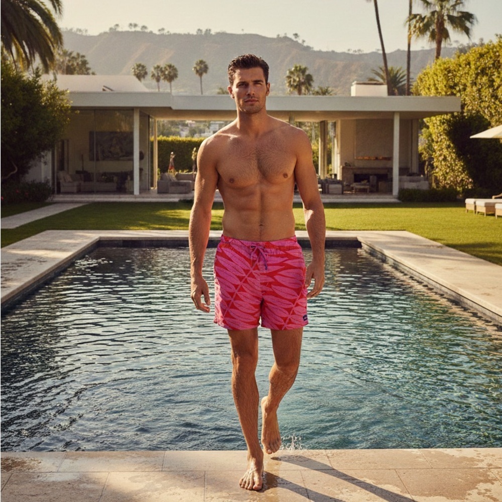 Patagonia Men's Pink Red Leaf Print Summer Spring Vacation Swim Trunks Size XL